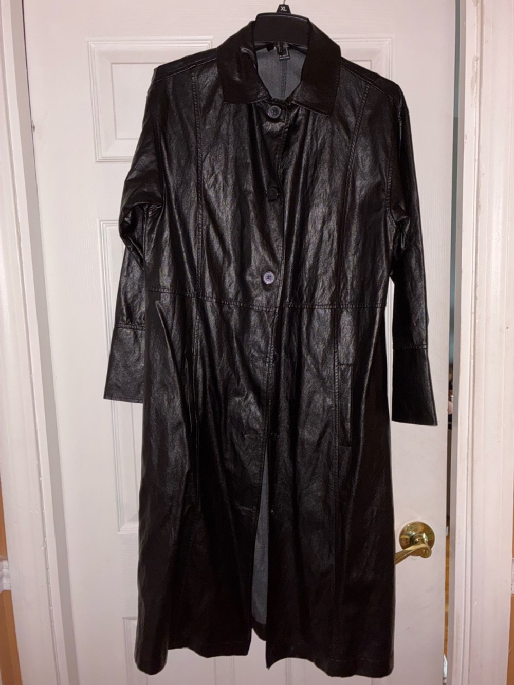 Long Black Faux Leather Trench Coat